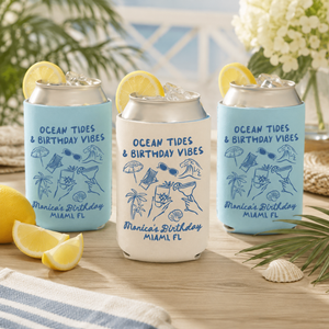 Ocean Tides & Birthday Vibes Birthday Can Cooler - Custom Beach Birthday Party Favors - Personalized Cozies in Regular and Slim Size