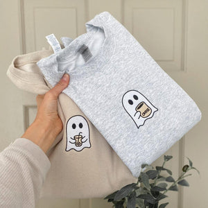 Little Ghost Coffee Crewneck -- Embroidered Sweatshirt, Fall Sweatshirt