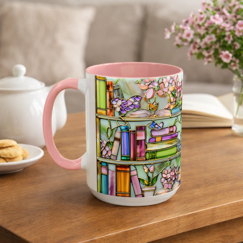 Floral Bookshelf Coffee Mug, Bookish Stained Glass Style Ceramic Mug Book Lover gift