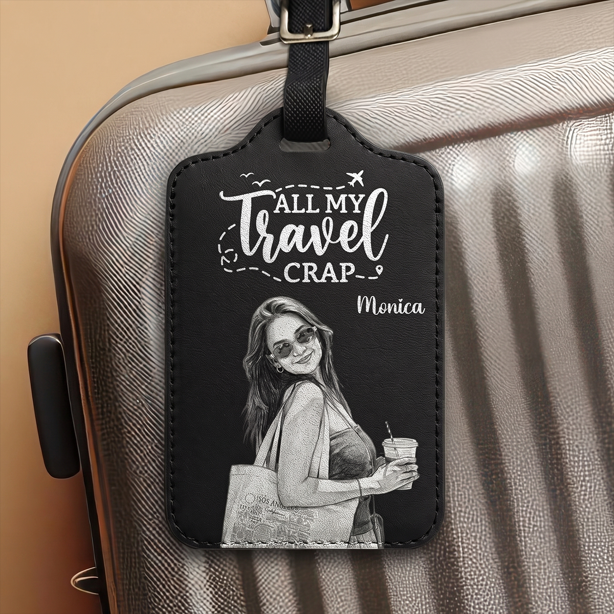 Custom Photo Bold Sketch Couple Besties Dog Cat Funny Portrait - Personalized Leather Luggage Tag
