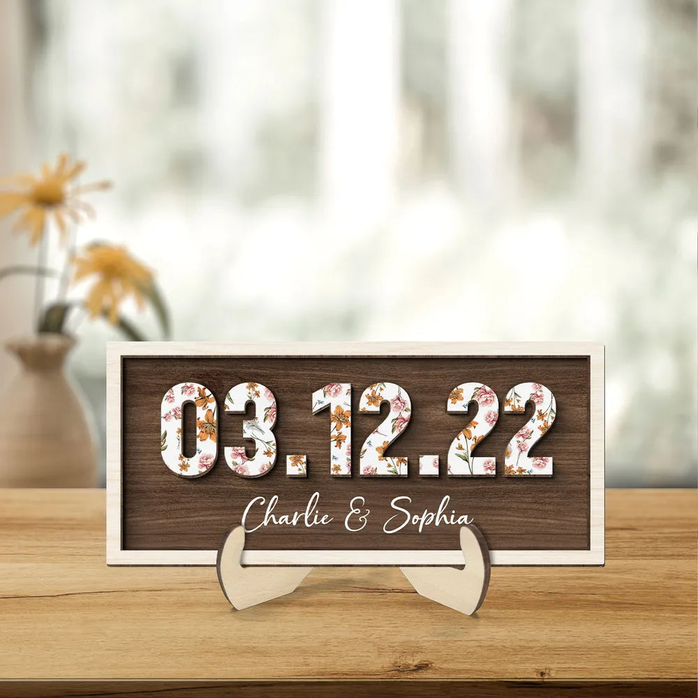 Couple Engagement Wedding Anniversary Special Date Custom Flower Printed Wooden Plaque, Gift For Her, Gift For Him