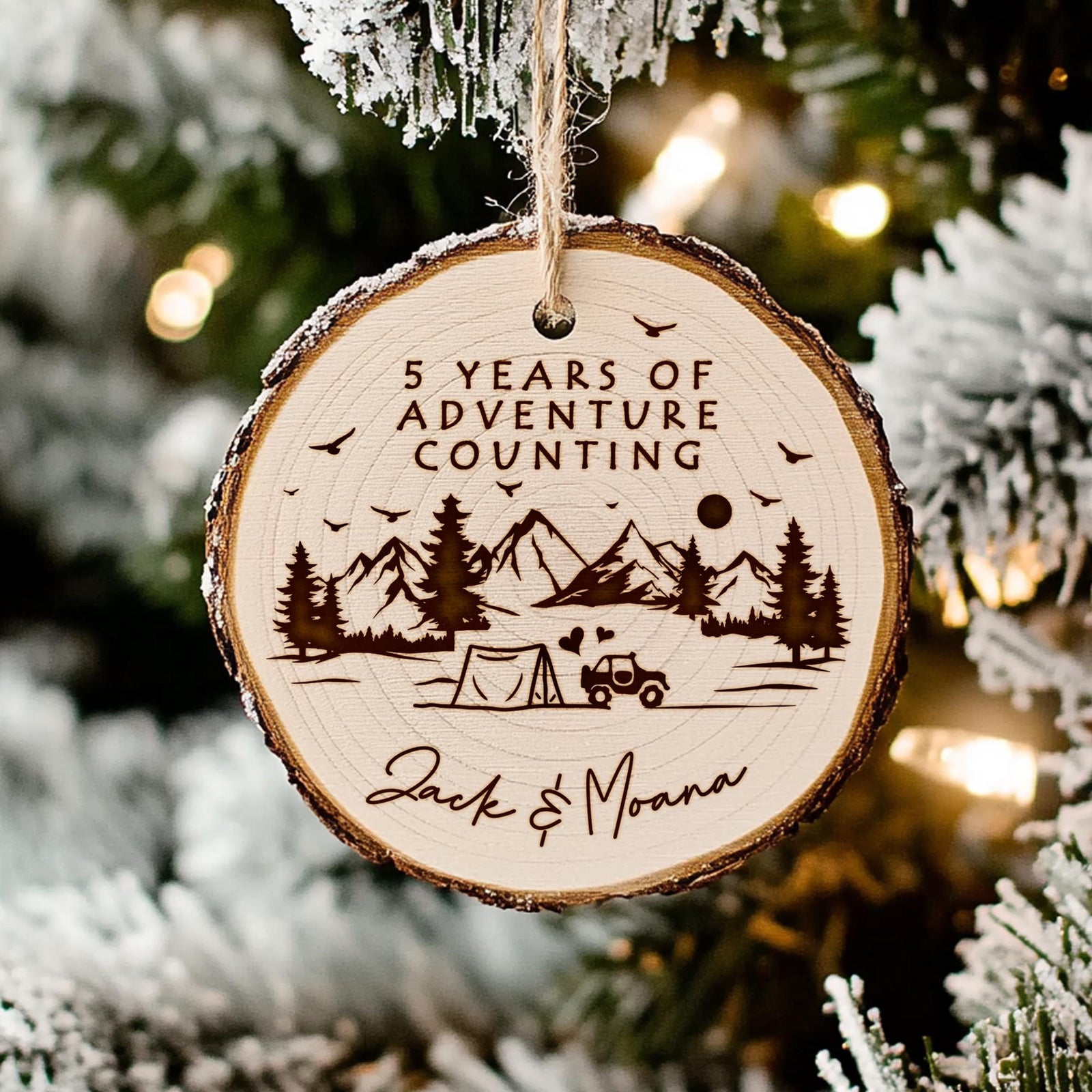 Custom Wood Anniversary Ornament, 5 Year of Adventure Counting Wooden Ornament, 5th Anniversary Christmas Ornament, Gift for Couples