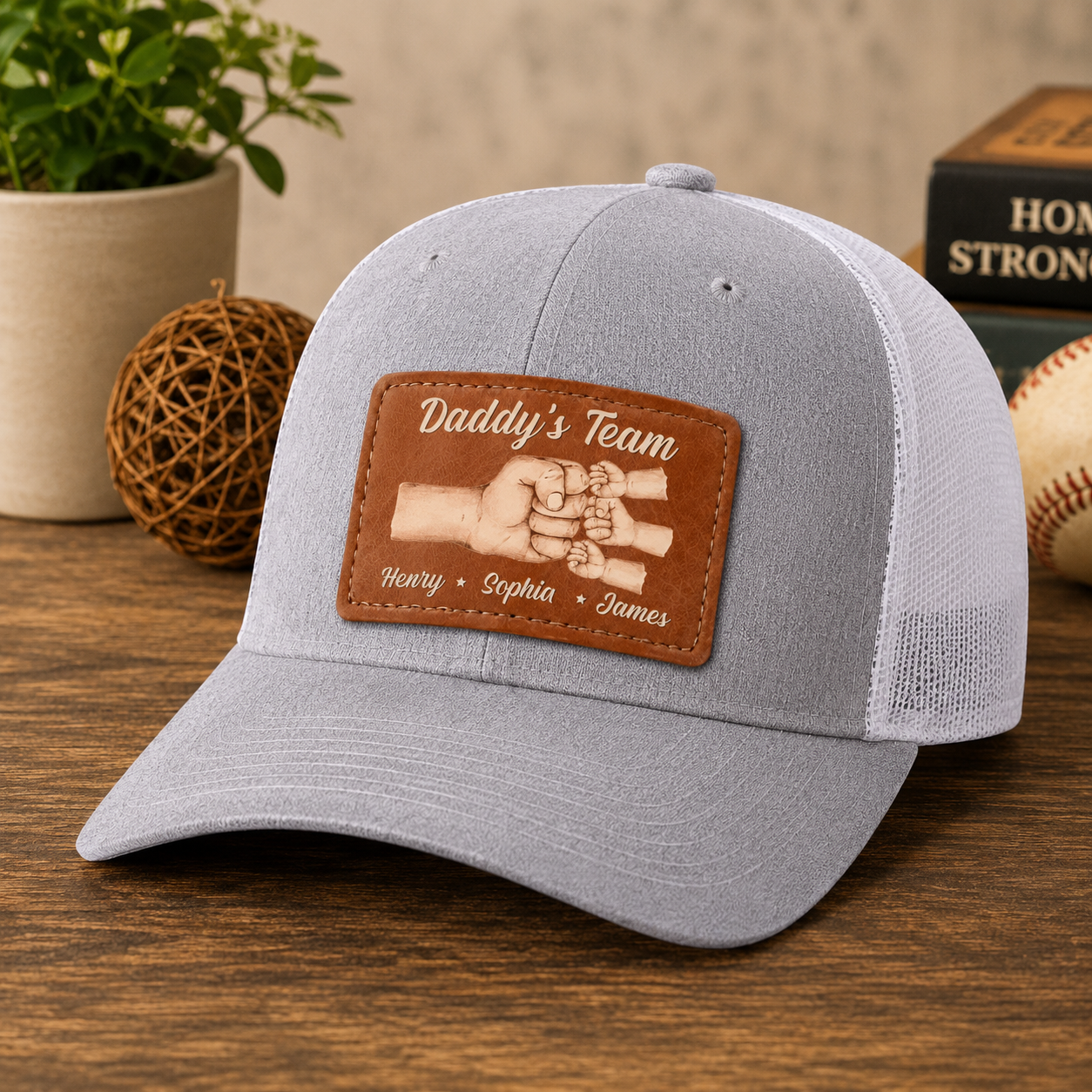 Daddy's Team Is Unbreakable - Personalized Leather Label Net Hat - Gift For Dad, Father's Day