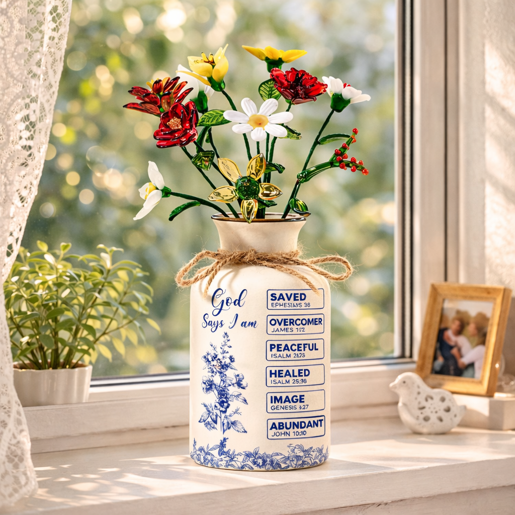 God Says I Am Name Letter In Bible - Personalized Vase With Glass Birth Month Flowers - Christian Gift For Her, Gift For Daughter, Gift For Mom