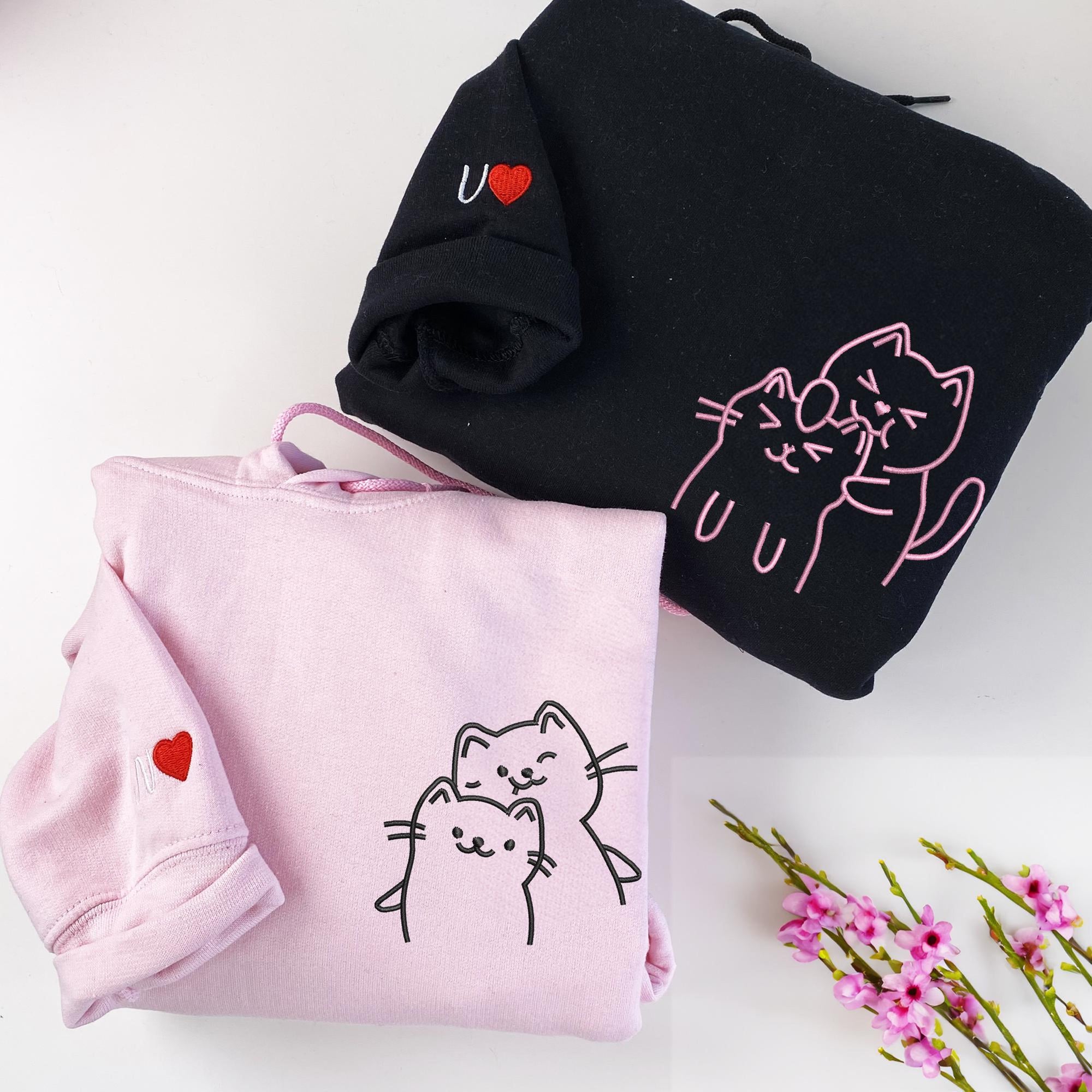 Doodle Cat Love Sweatshirt, Cat Sweatshirt, Embroidered Couple Hoodie, Matching Hoodies for Couples, Best Couple Gifts