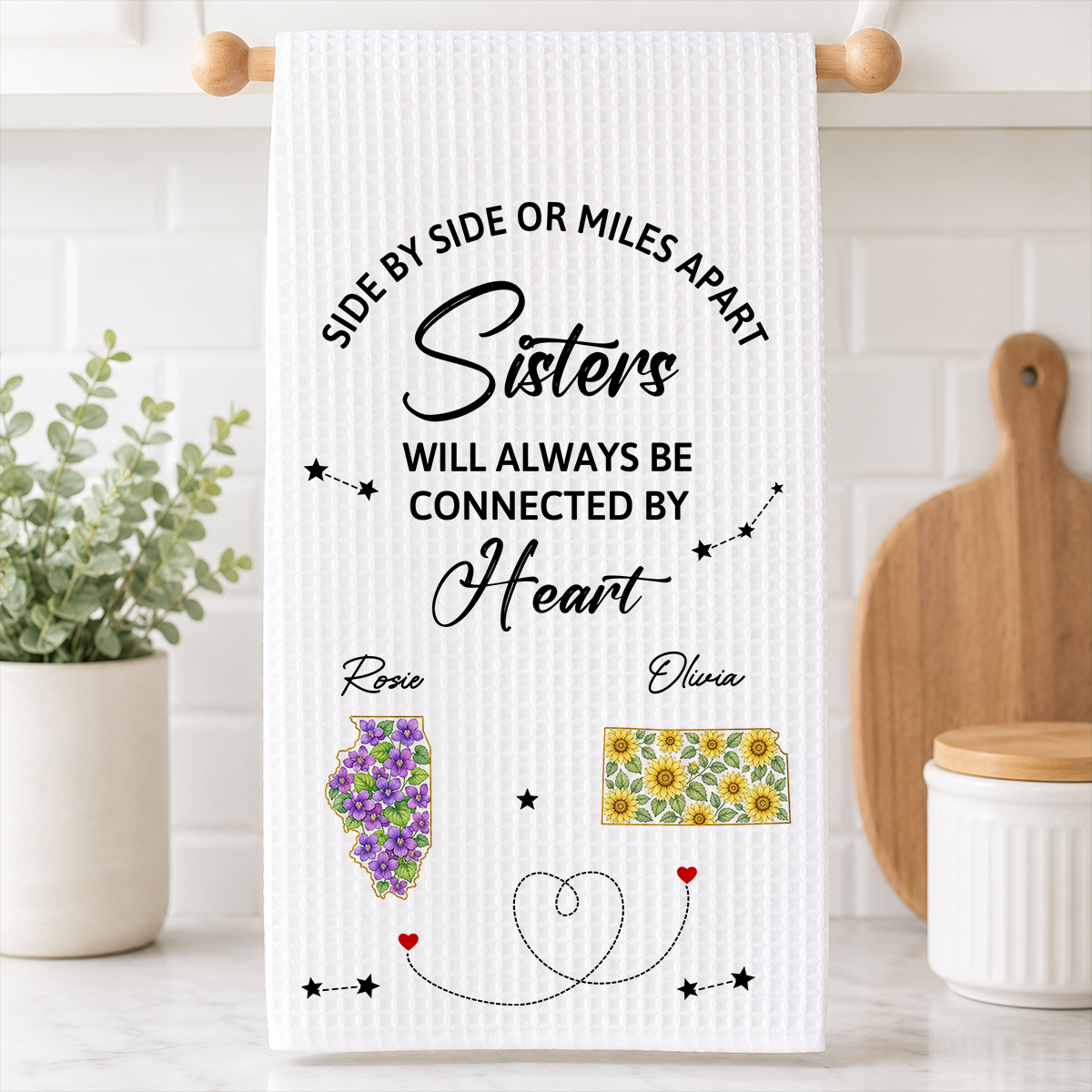 Connected By Heart - Personalized Kitchen Towel, Gift For Sisters, Bestie