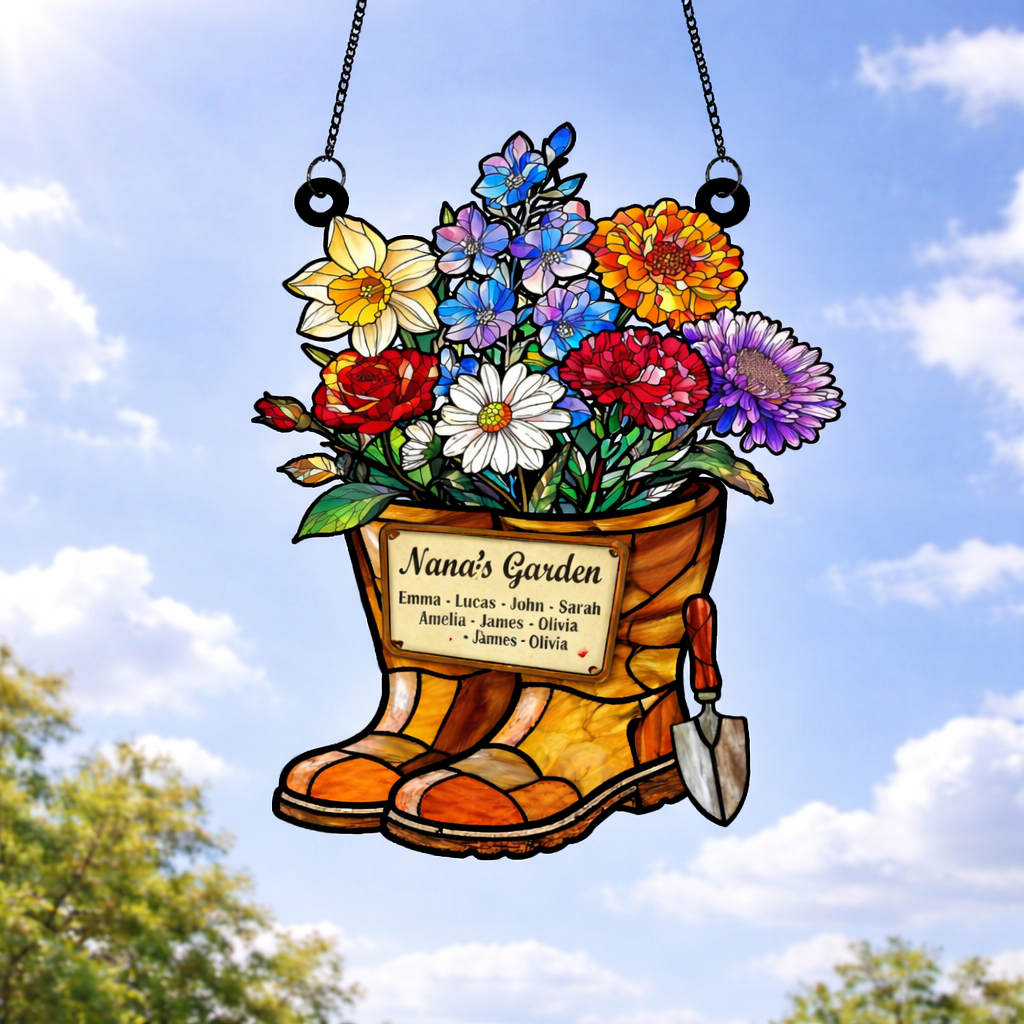 Grandma's Vintage Boots Birth Flower Suncatcher, Grandma's Garden, Mom Gift, Birth Month Flower Stained Glass Acrylic Window Hanging, Mothers Day Gift