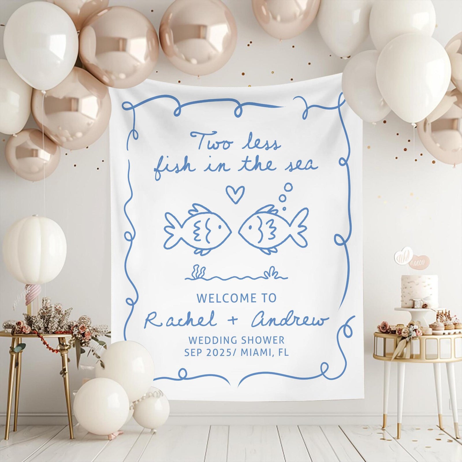 Personalized Bachelorette Party Decor, Custom Two Less Fish In The Sea Bachelorette Party Banner Fishing Couples Bachelorette Party Backdrop