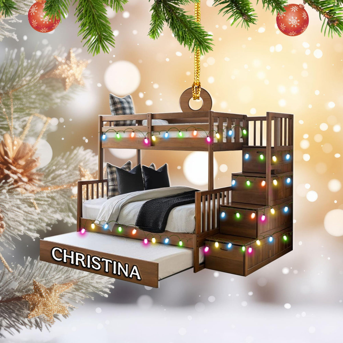 Personalized 2D Bunk Bed Ornament, Twin Over Twin Christmas Decor, Gift For Twins
