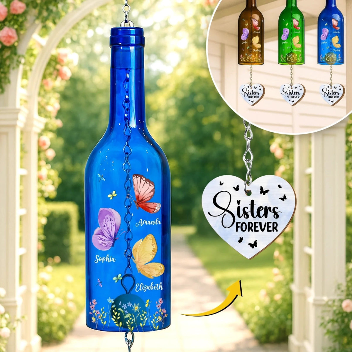 Sisters Birth Month Butterflies - Personalized Wine Bottle Wind Chime - Birthday Gift For Sisters, Besties