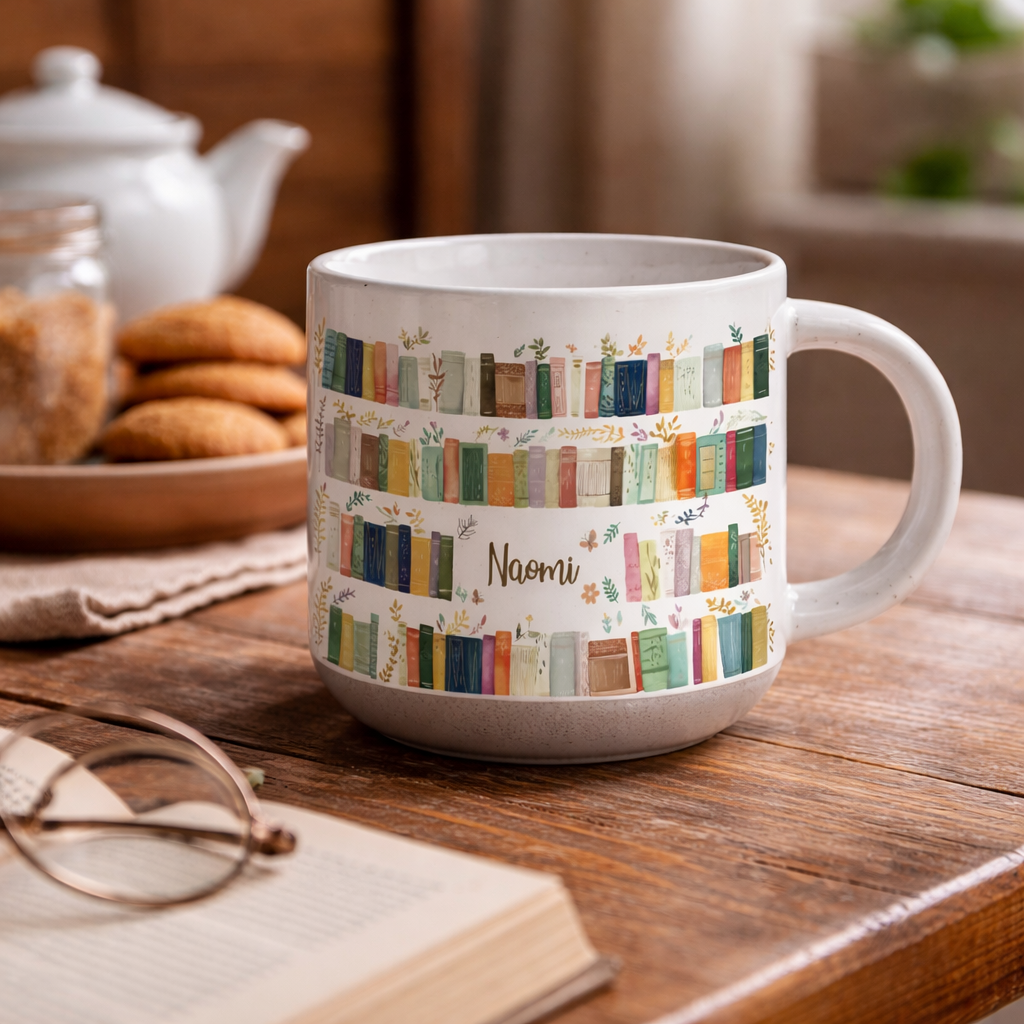 Personalised Vintage Bookshelf Library Pottery Mug, Custom Floral Bookish Gifts For Reader, Book Lover Gift, Reading Coffee Cup,Gift for Her