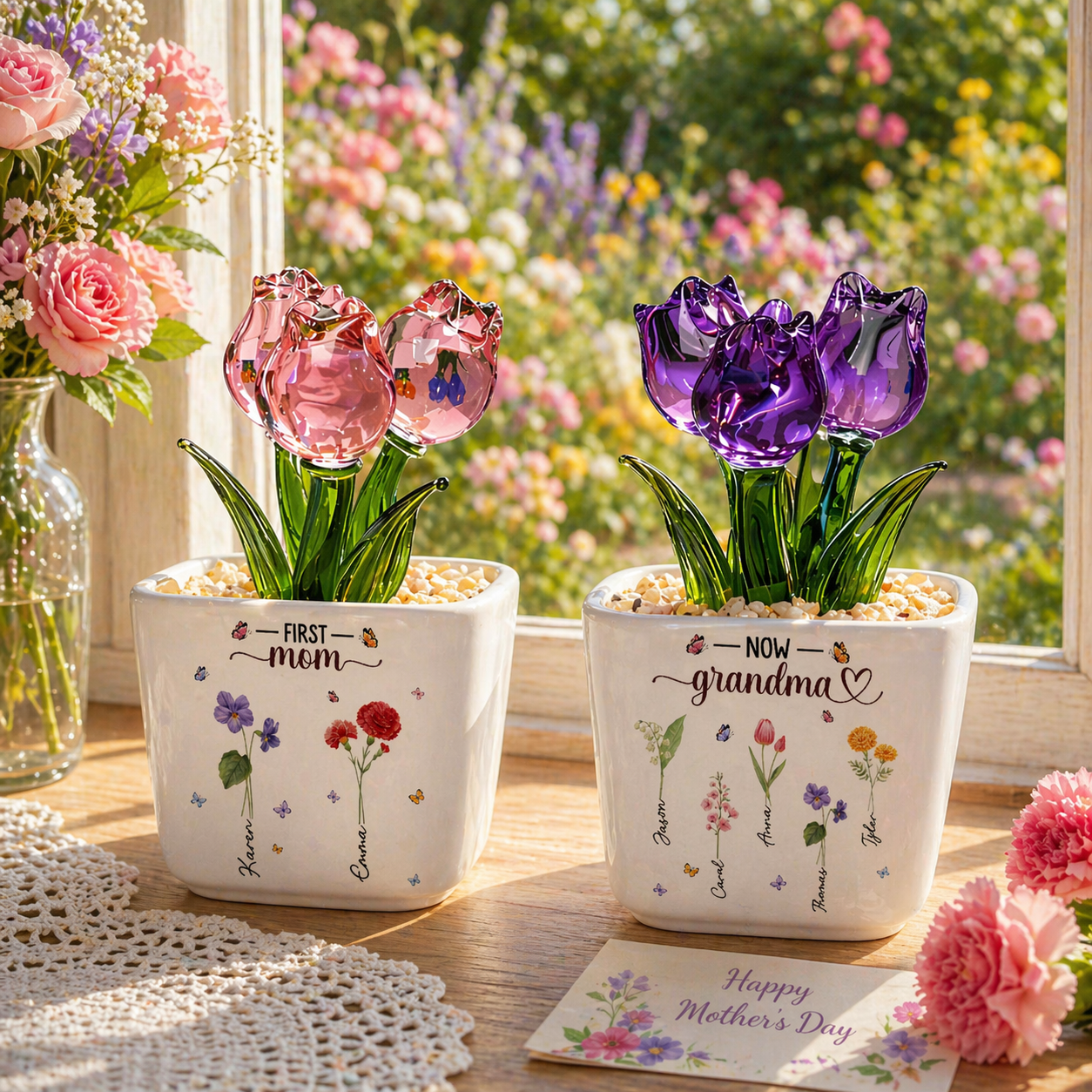 First Mom Now Grandma - Personalized Mini Glass Flower Pot - Gift For Grandma, Mom, Mother's Day Gift