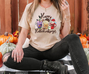 Happy Hallothanksmas Shirt, Hallothanksmas Coffee Tshirt, Halloween T Shirt, Thanksgiving T-shirt, Christmas Tee, Coffee Pumpkin Spice Iced 1.jpg