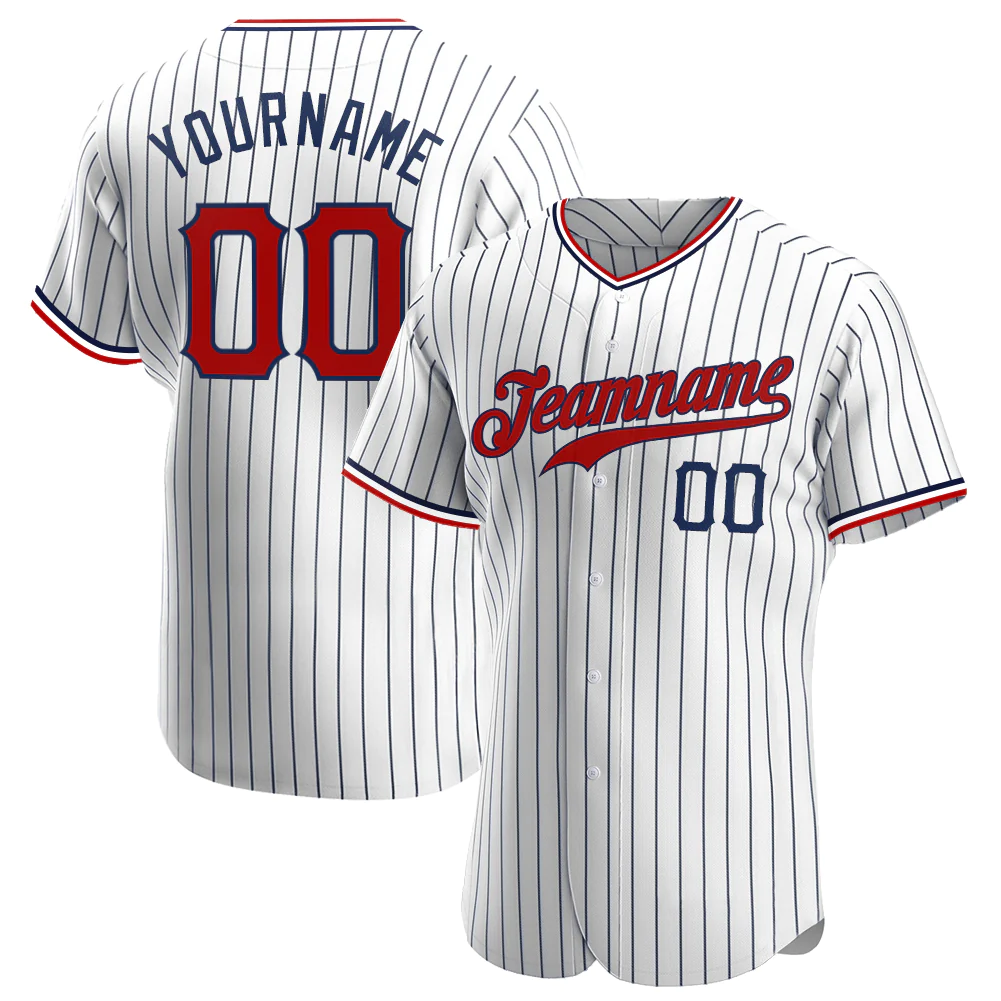 Custom White Navy Pinstripe Red Navy Authentic Baseball Jersey
