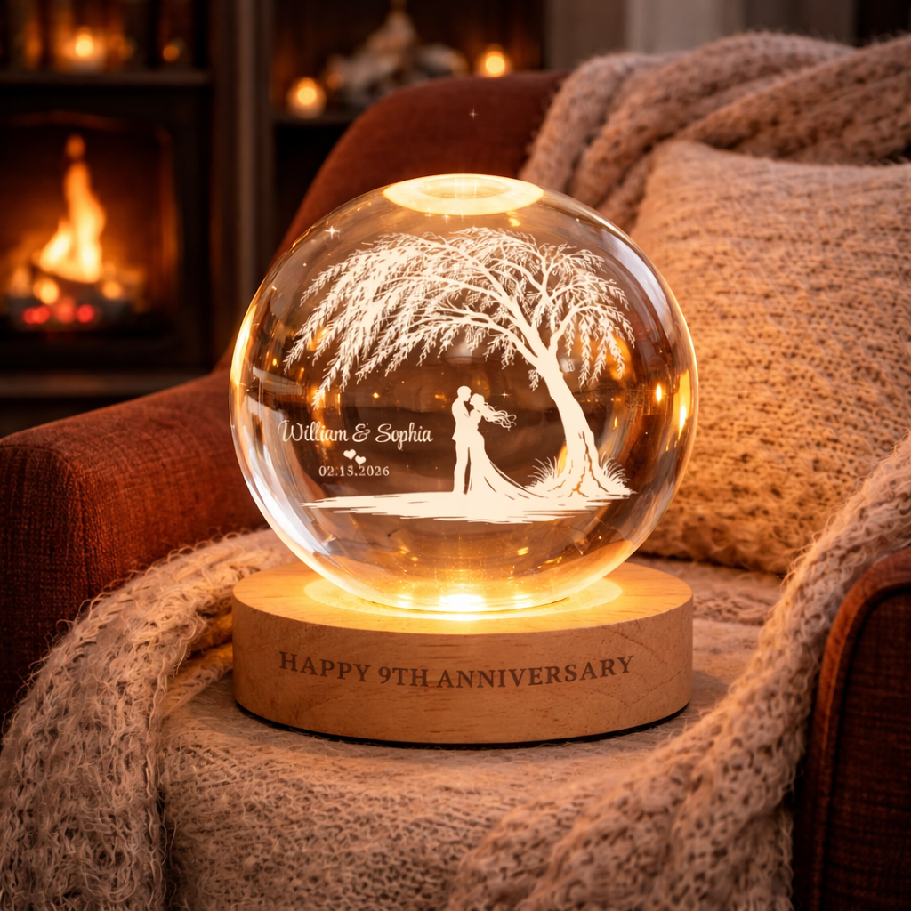 Personalized Willow Tree Crystal Ball LED Night Light, Names Anniversary Lamp, 9th Anniversary Gift, Romantic Wedding Gift for Couples