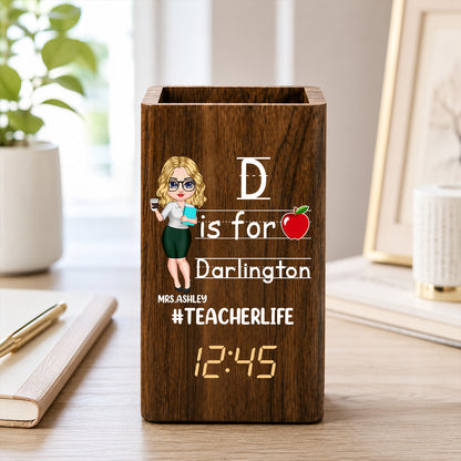 Custom Teacher Life Pen Holder With Clock, Personalized Classroom Desk Organizer, Back To School Teacher Gift Calendar Electronic Pen Holder