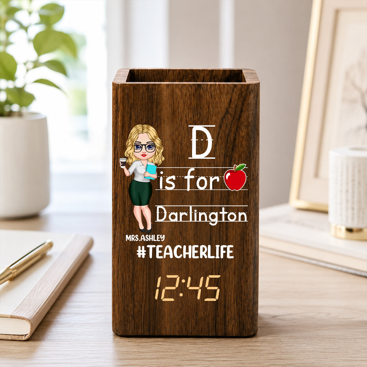 Custom Teacher Life Pen Holder With Clock, Personalized Classroom Desk Organizer, Back To School Teacher Gift Calendar Electronic Pen Holder