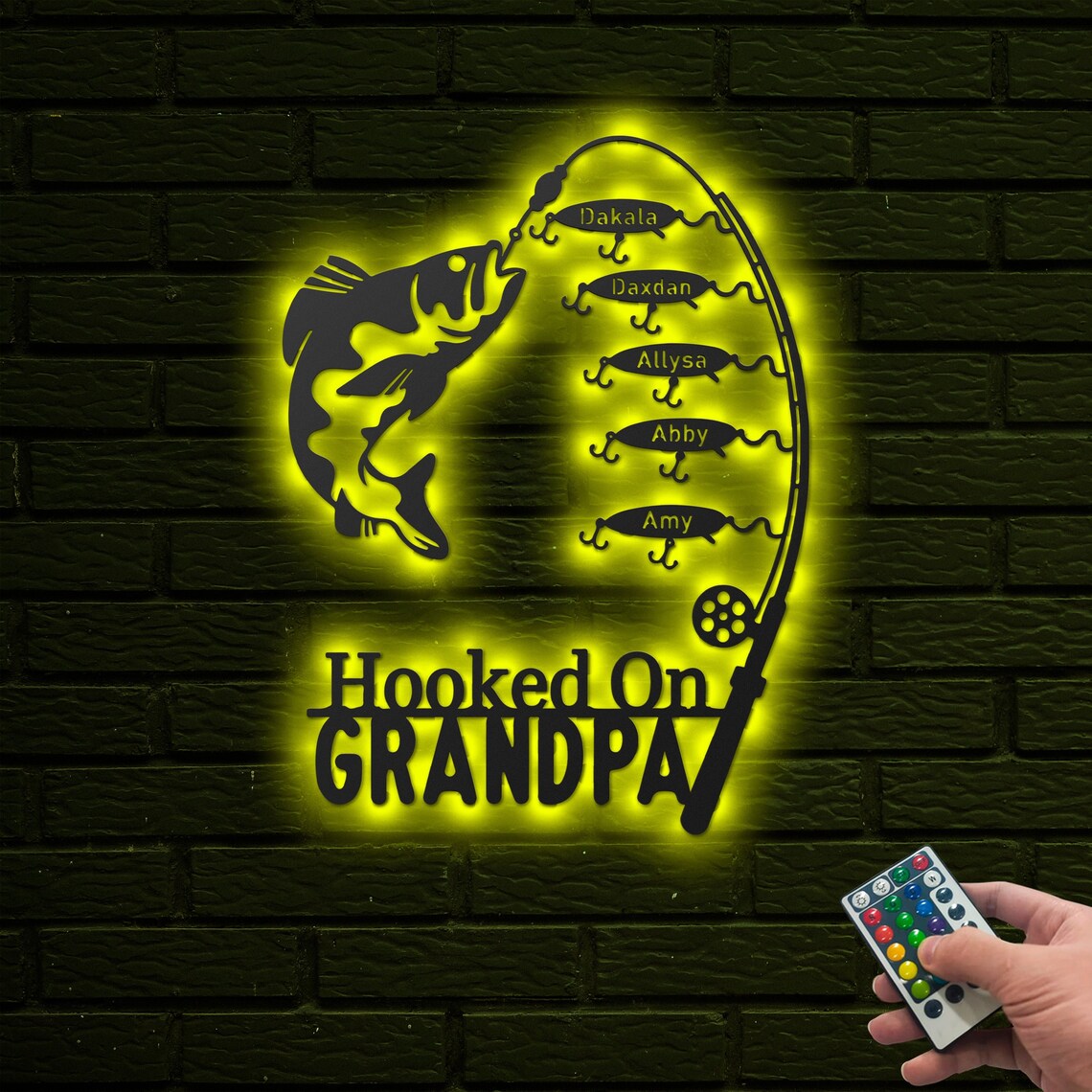 Hook on Grandpa Sign with LED Personalized, Dad Fishing Custom Name Sign, Fishing Trip Wall Sign, Gift For Him, Man, Father, Grandfather