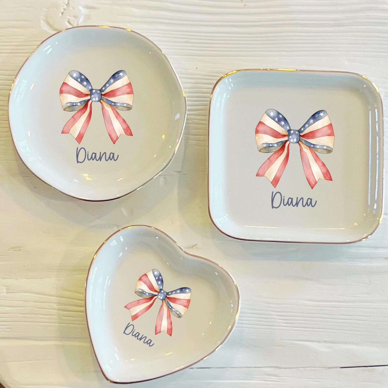 Personalized American Flag Bow Ring Dish, American Ring Dish, Girly Jewelry Dish, Wedding Favor, 4th of July Gift