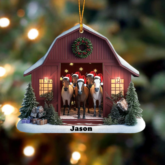 Christmas Horse Barn - Personalized Shaped Ornament - Gift For Farmhouse, Horse Lover