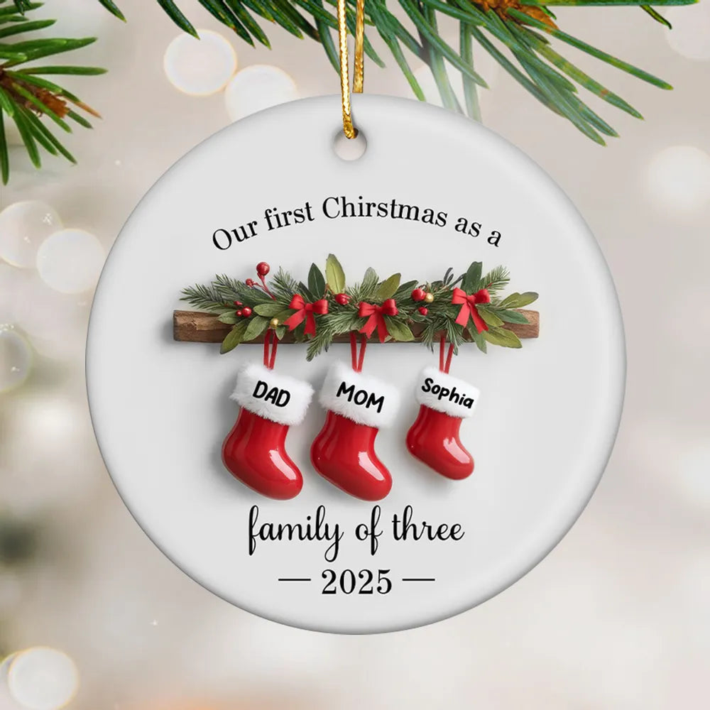 3D Effect Stockings Our First Christmas As A Family - Personalized Ceramic Ornament - Christmas Tree Decor For Family