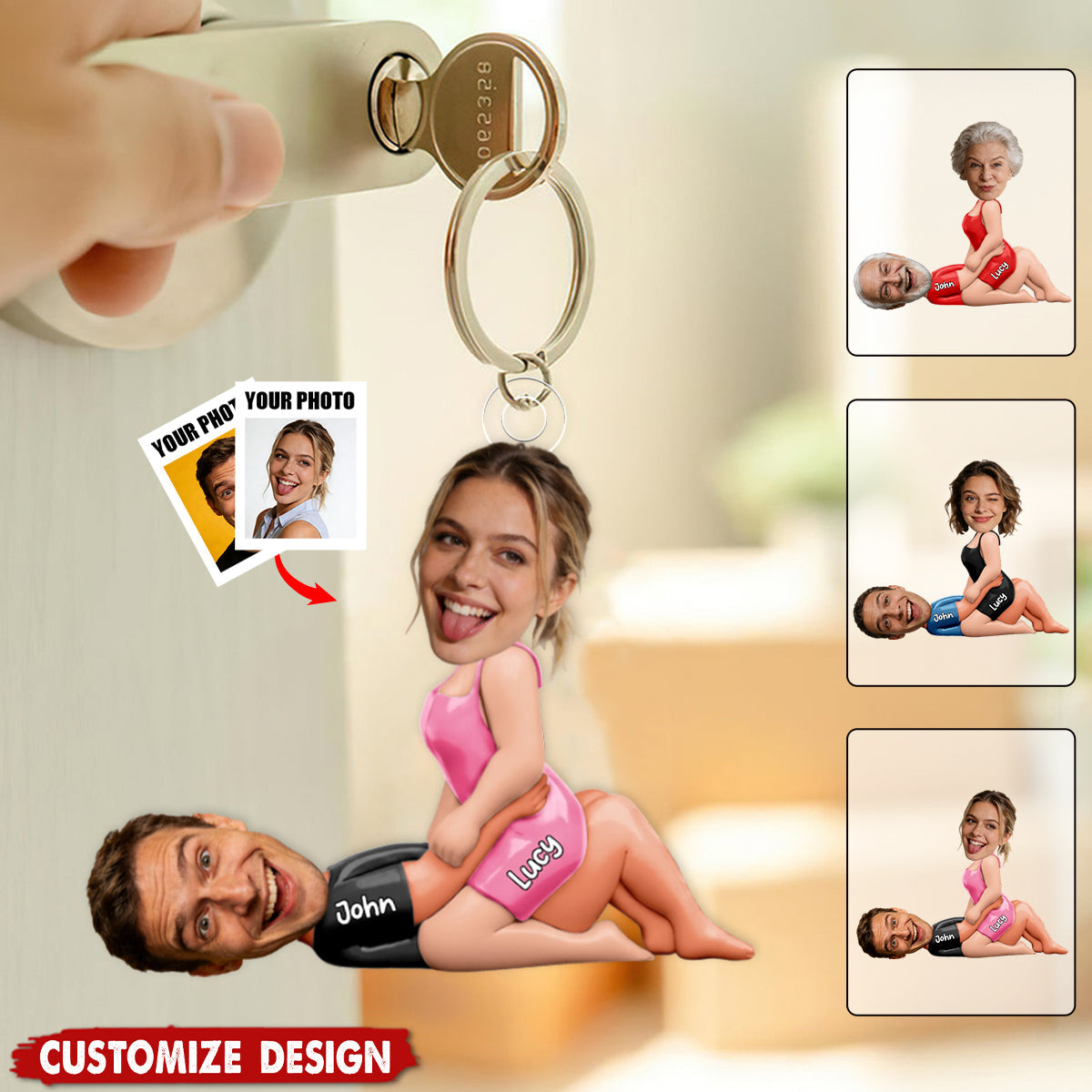 Custom Face & Name Caricature Keychain for Couple, Funny Valentine's Day Gift