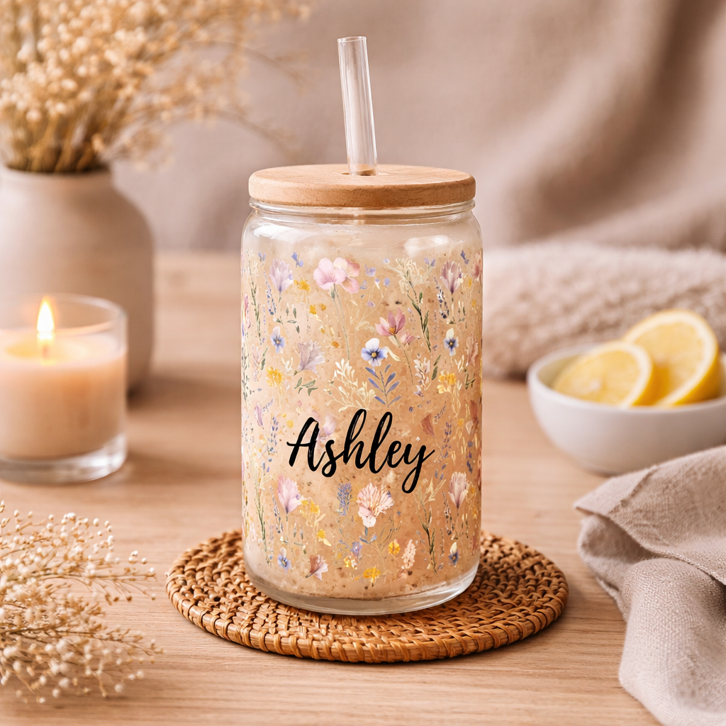 Personalized Wildflowers Mug, Bridesmaid Proposal Flower Mugs, Floral Iced Coffee Glass Cup