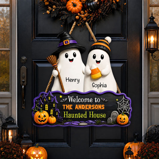 Halloween Welcome To Grandma Grandpa Haunted House Cute Boo Kids - Personalized Wood Sign - Halloween Decoration For Grandparents