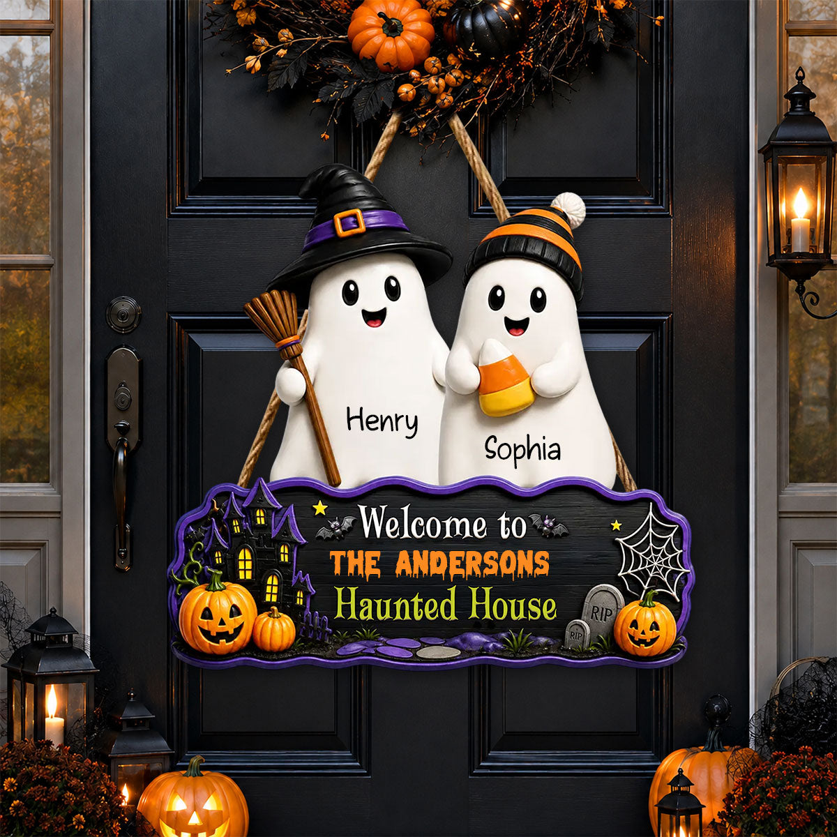 Halloween Welcome To Grandma Grandpa Haunted House Cute Boo Kids - Personalized Wood Sign - Halloween Decoration For Grandparents