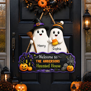 Halloween Welcome To Grandma Grandpa Haunted House Cute Boo Kids - Personalized Wood Sign - Halloween Decoration For Grandparents