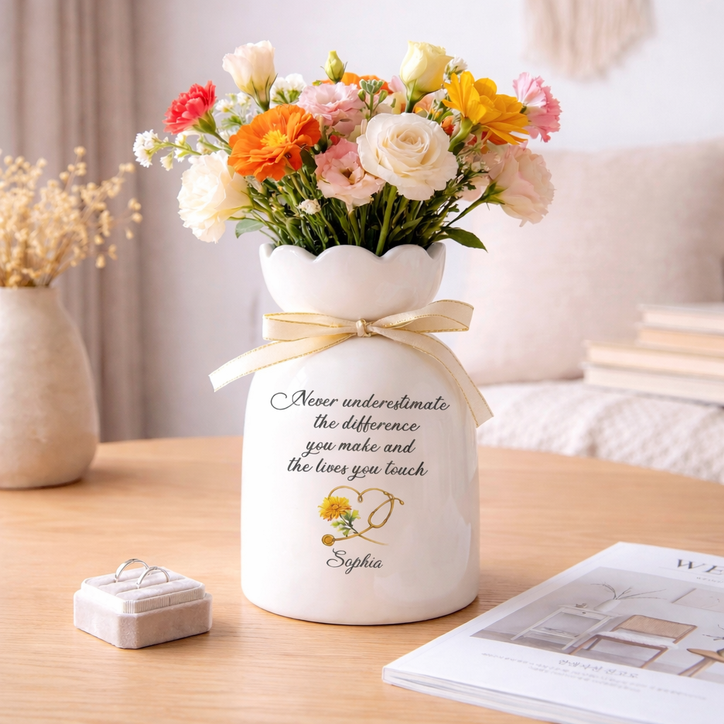 Custom Nurse Ceramic Vase, Nurse Graduation Gift, Custom Name Nurse Stethoscope Floral Heart Flower Vase, Nurse Appreciation Gifts, Nurse Gift