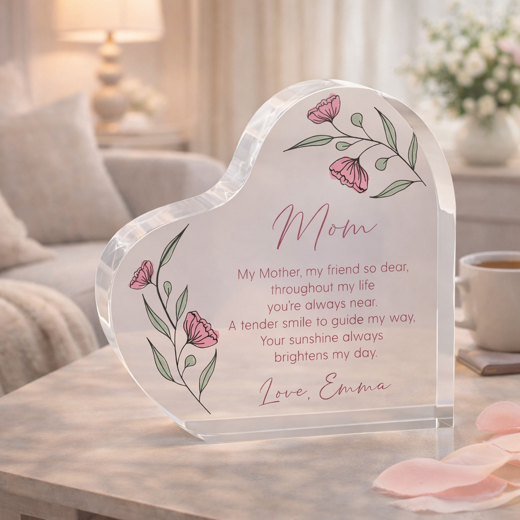 Floral Message For Mom Personalized Heart Keepsake, Mother's Day Gifts, Keepsakes for Mom, Custom Mom Gift, Keepsake Block, Acrylic Heart