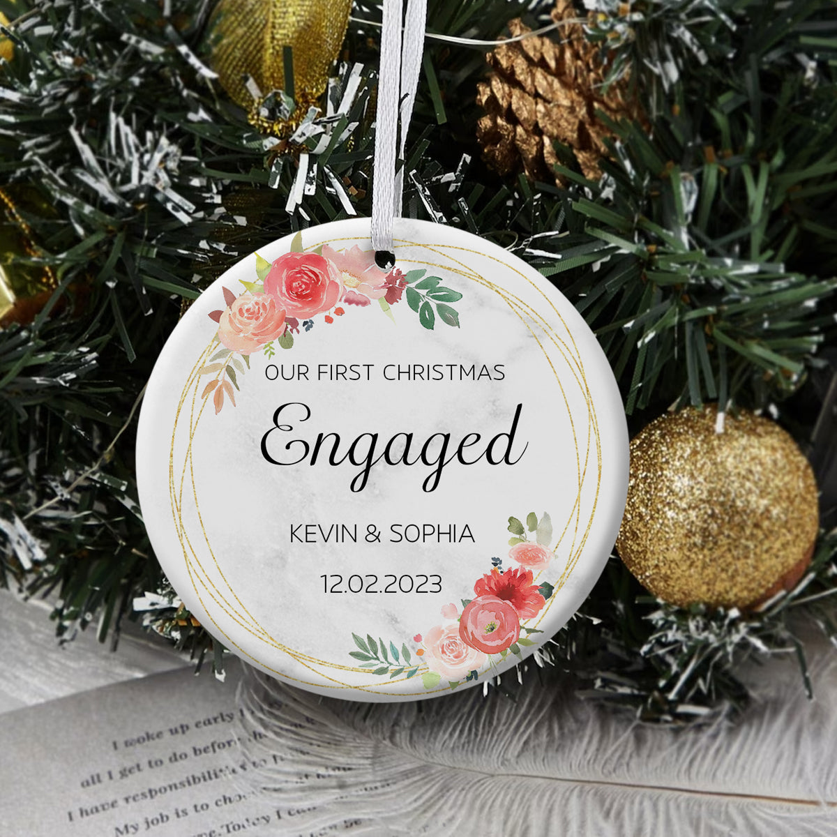First Christmas Engaged Pink Flowers Wreath - Personalized Ornament - Christmas Gift