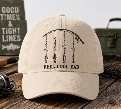 Personalized Reel Cool Dad Cap, Fathers Day Gift, Dad Fishing Hat, Fishing Gift for Grandpa, Fisherman Papa & Kid Name Embroidered Cap