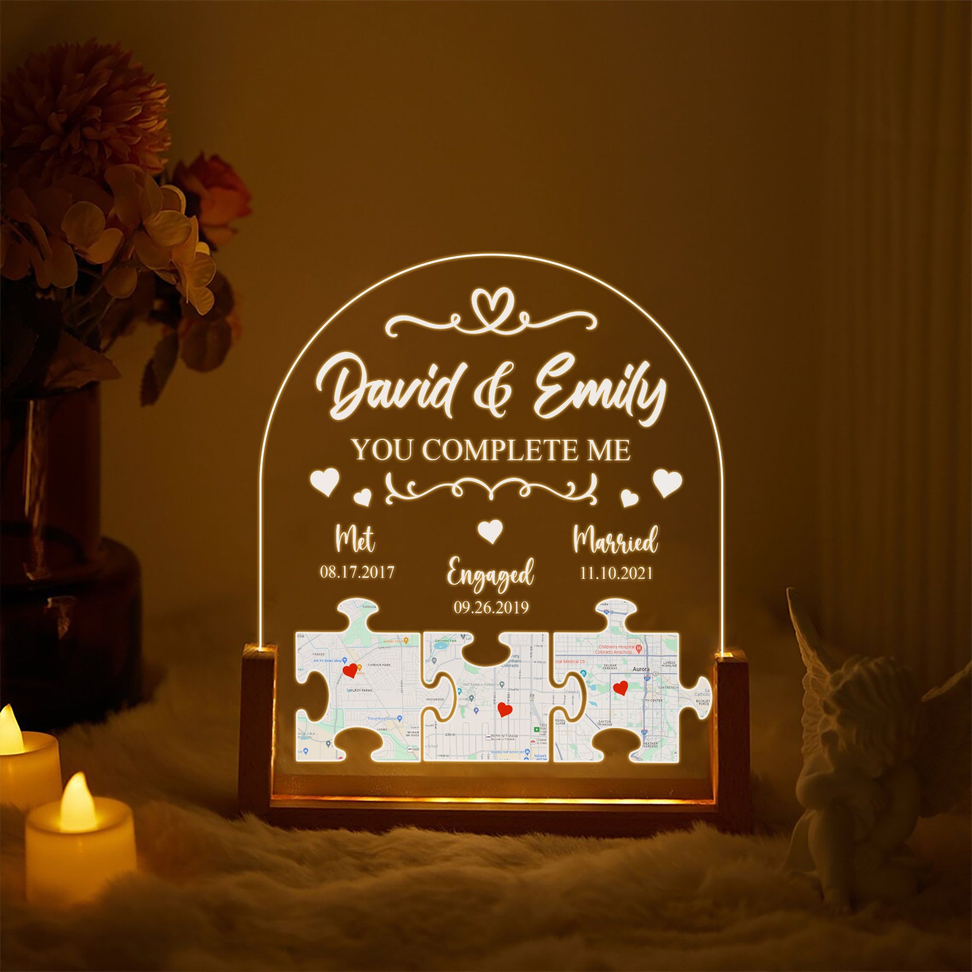 Personalize Photo, Map, Name & Anniversary Date Plaque Night Light - Customize Night Light for Couples, Valentine's Gifts