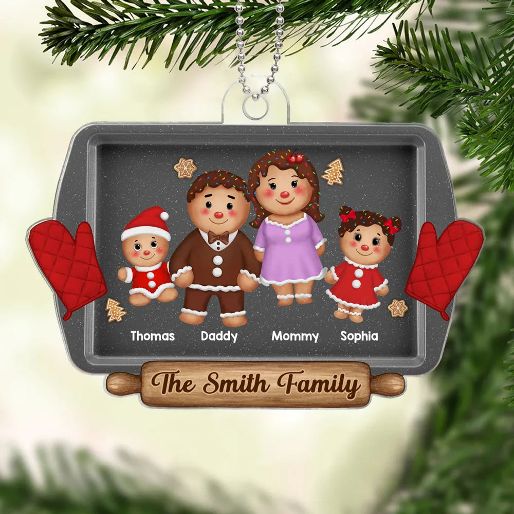 Gingerbread Cookie Family On Baking Tray - Personalized Acrylic Ornament - Christmas Gift For Family