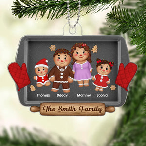 Gingerbread Cookie Family On Baking Tray - Personalized Acrylic Ornament - Christmas Gift For Family