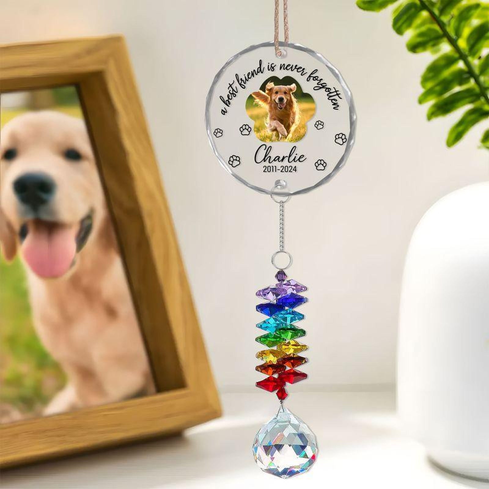 Personalized Pet Potrait Ornament with Crystal Prism, Custom Pet Name Ornament, Smiling Dog Window Decor, Rainbow Maker Memorial Gift