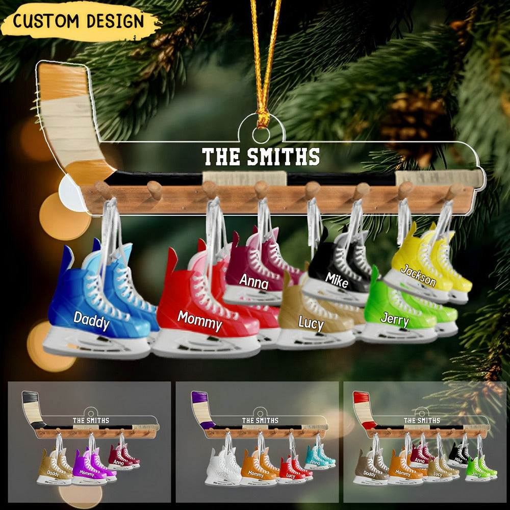 Family Ice Hockey Skates With Kids - Personalized Acrylic Ornament - Christmas Gift For Hockey Lovers Family