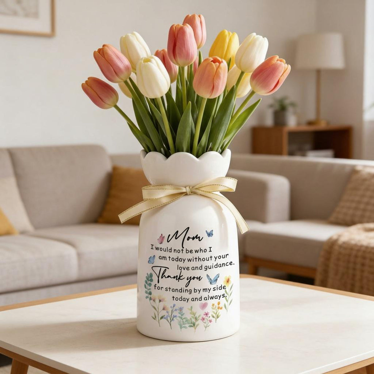 Floral Ceramic Vase with Mom Quote, Decorative Flower Vase, Gift for Mother's Day