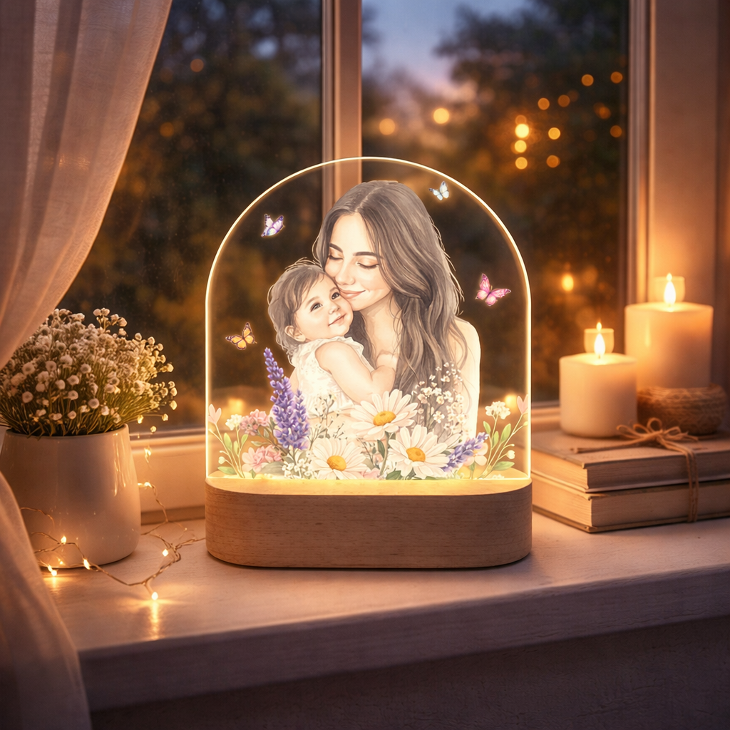 Custom Watercolor Mom Photo Night Light, Personalized Gift For Mom, Grandma, New Mom Gift, Mom Birthday Gift From Daughter, Mothers Day Gift