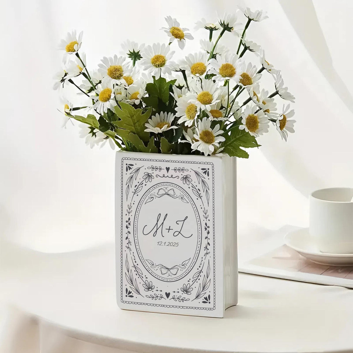 Custom Couple Initials Vase, Personalized Book Vase, Bookshelf Decor, Reading Room Flower Pot, Ceramic Book Flower Vase, Toile De Jouy Decor