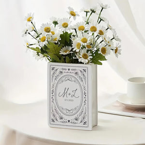Custom Couple Initials Vase, Personalized Book Vase, Bookshelf Decor, Reading Room Flower Pot, Ceramic Book Flower Vase, Toile De Jouy Decor