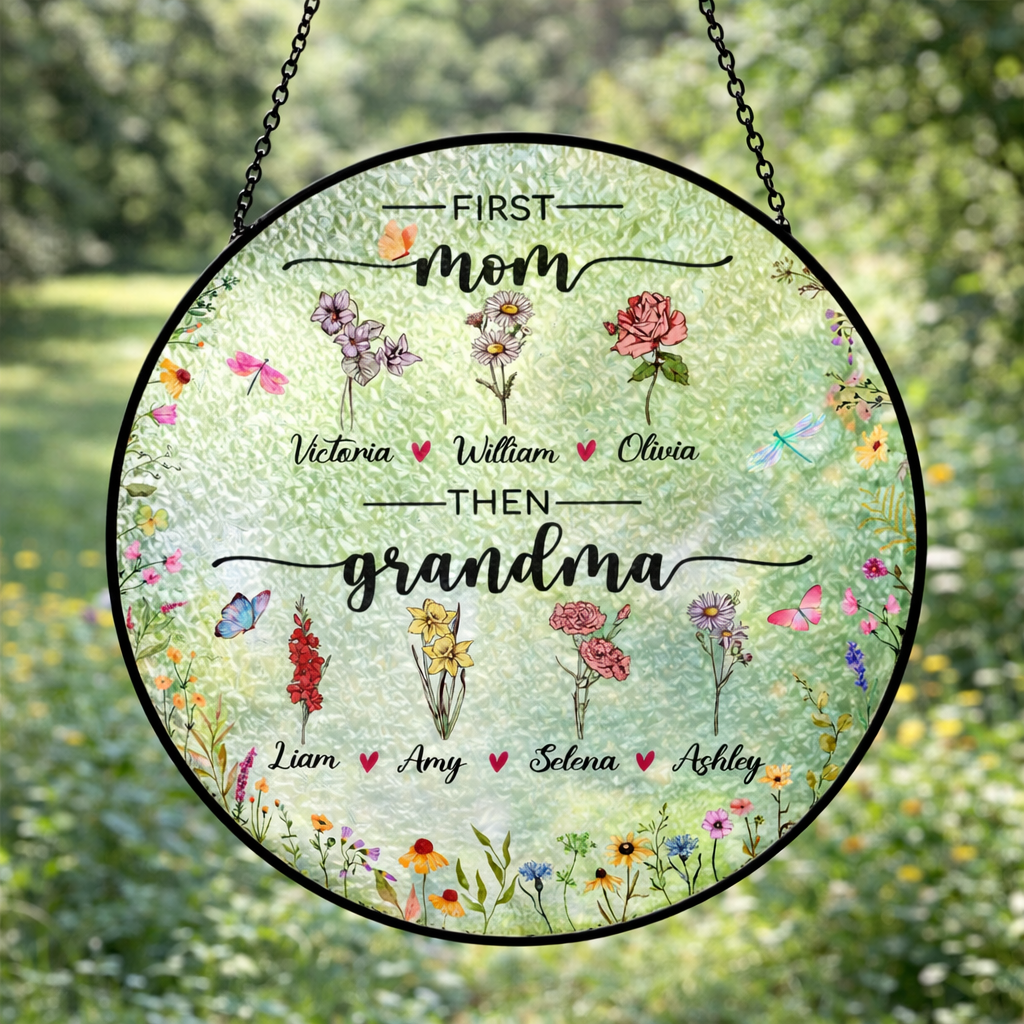 Personalized Birth Flowers Stained Glass Suncatcher, First Mom Now Grandma Garden Gift,Mother's Day Gift For Mom,Grandma Gift From Grandkids