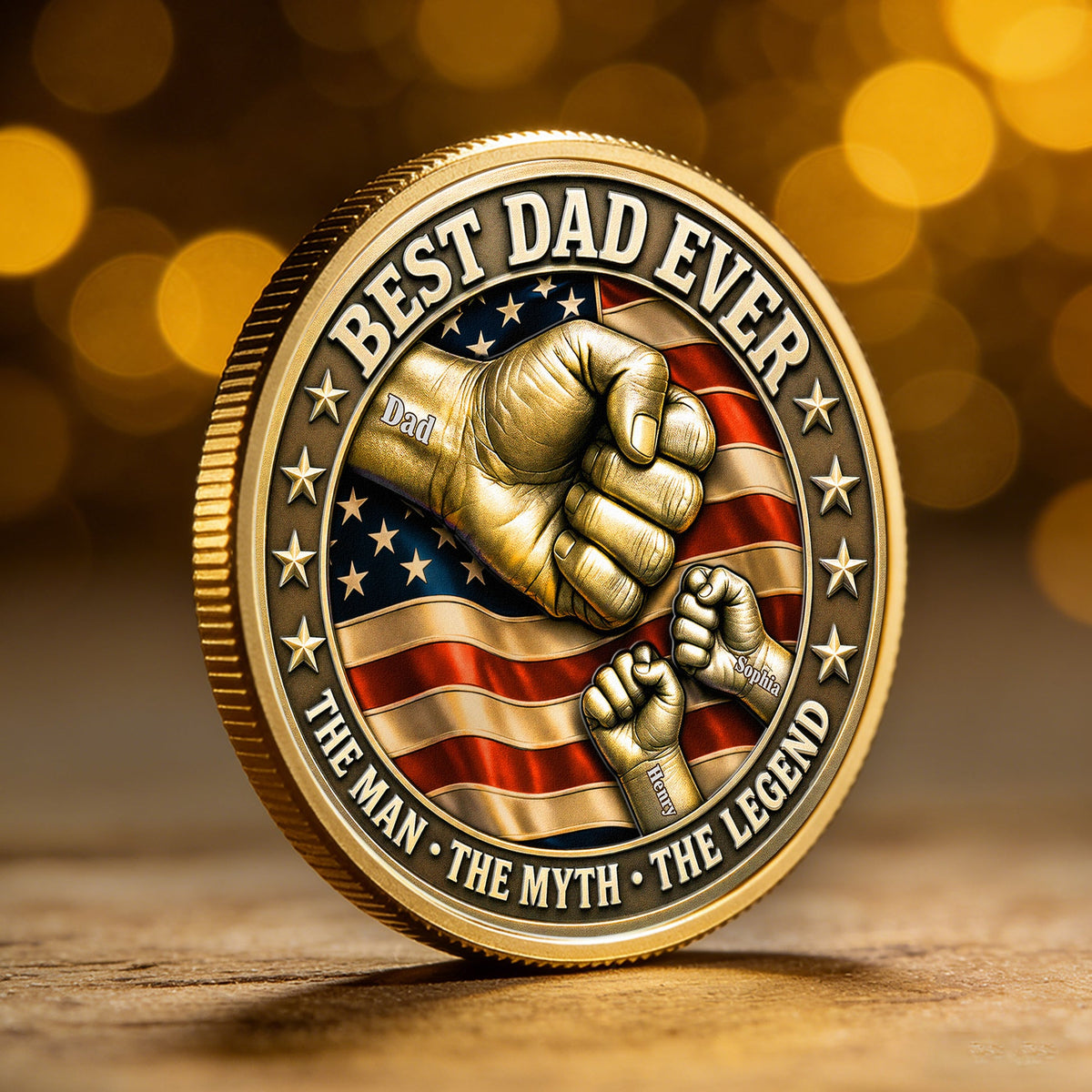 Best Dad Ever Fist Bumps With Kids' Names - Personalized Metal Coin - Gift Dad, Grandpa, Father's Day Gift, Patriotic Gift