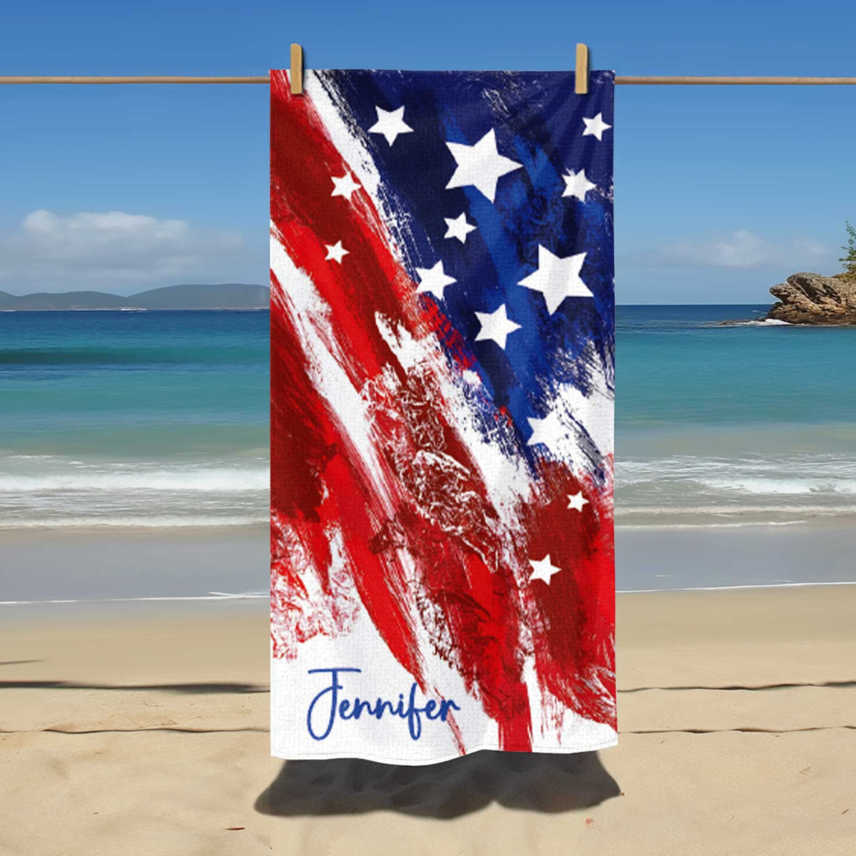 American Flag Custom Beach Towel, Independence Day Pool Towel, Personalized Stars Name Towel, Patriot Summer Gift, 4 th of July Design