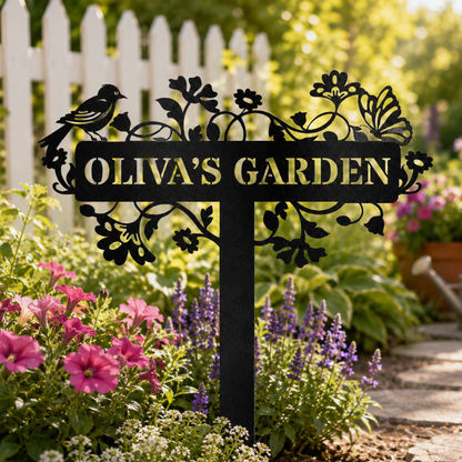 Custom Metal Garden Sign, Bird & Flower Design, Personalized Name Sign