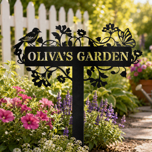 Custom Metal Garden Sign, Bird & Flower Design, Personalized Name Sign