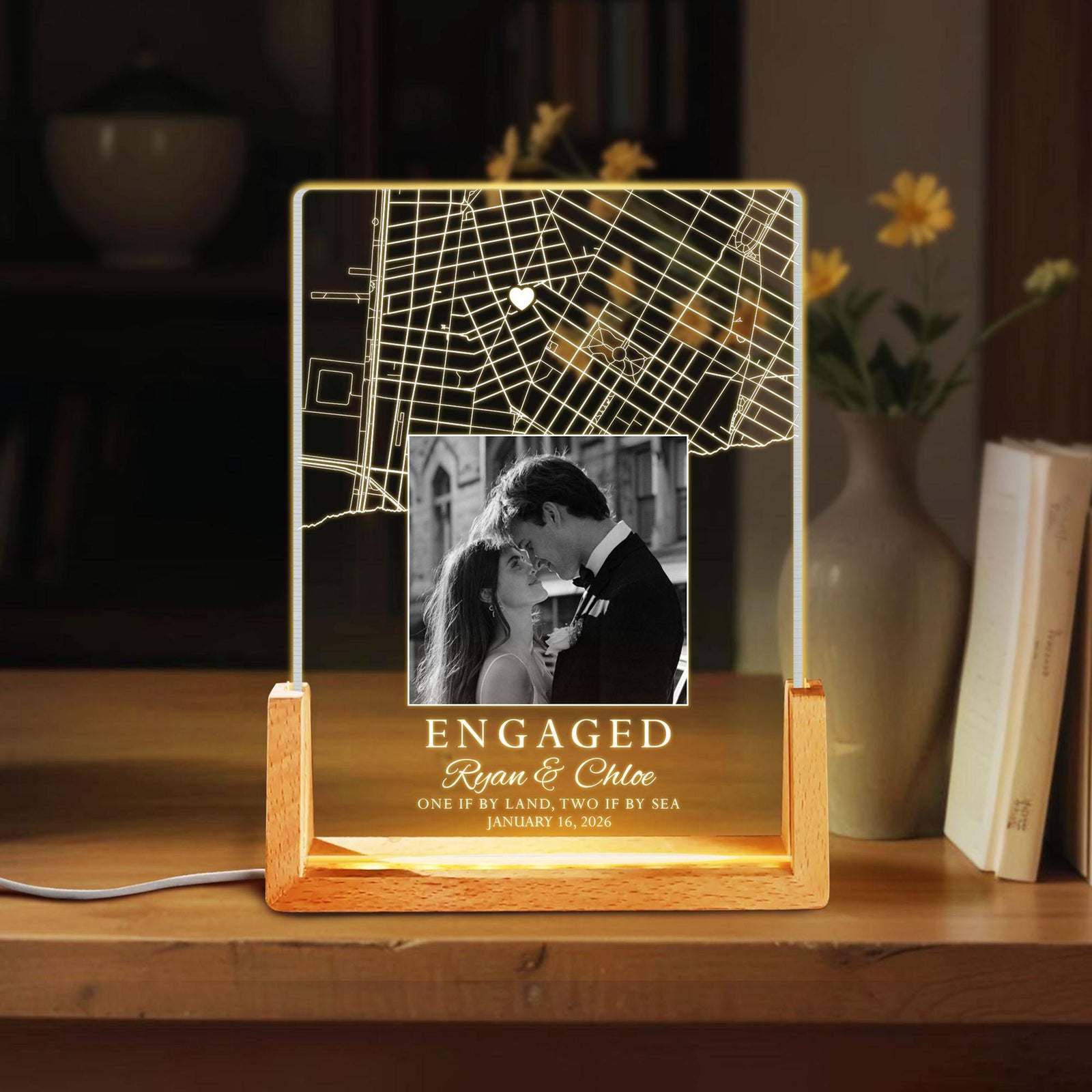 Custom Led Light with Couple Photo and Map, Personalized Map Print Night Light, Engagement Table Lamp, Newly Engaged Gift, Gift for Couple