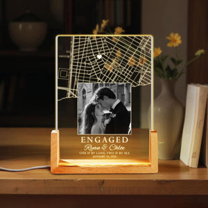 Custom Led Light with Couple Photo and Map, Personalized Map Print Night Light, Engagement Table Lamp, Newly Engaged Gift, Gift for Couple